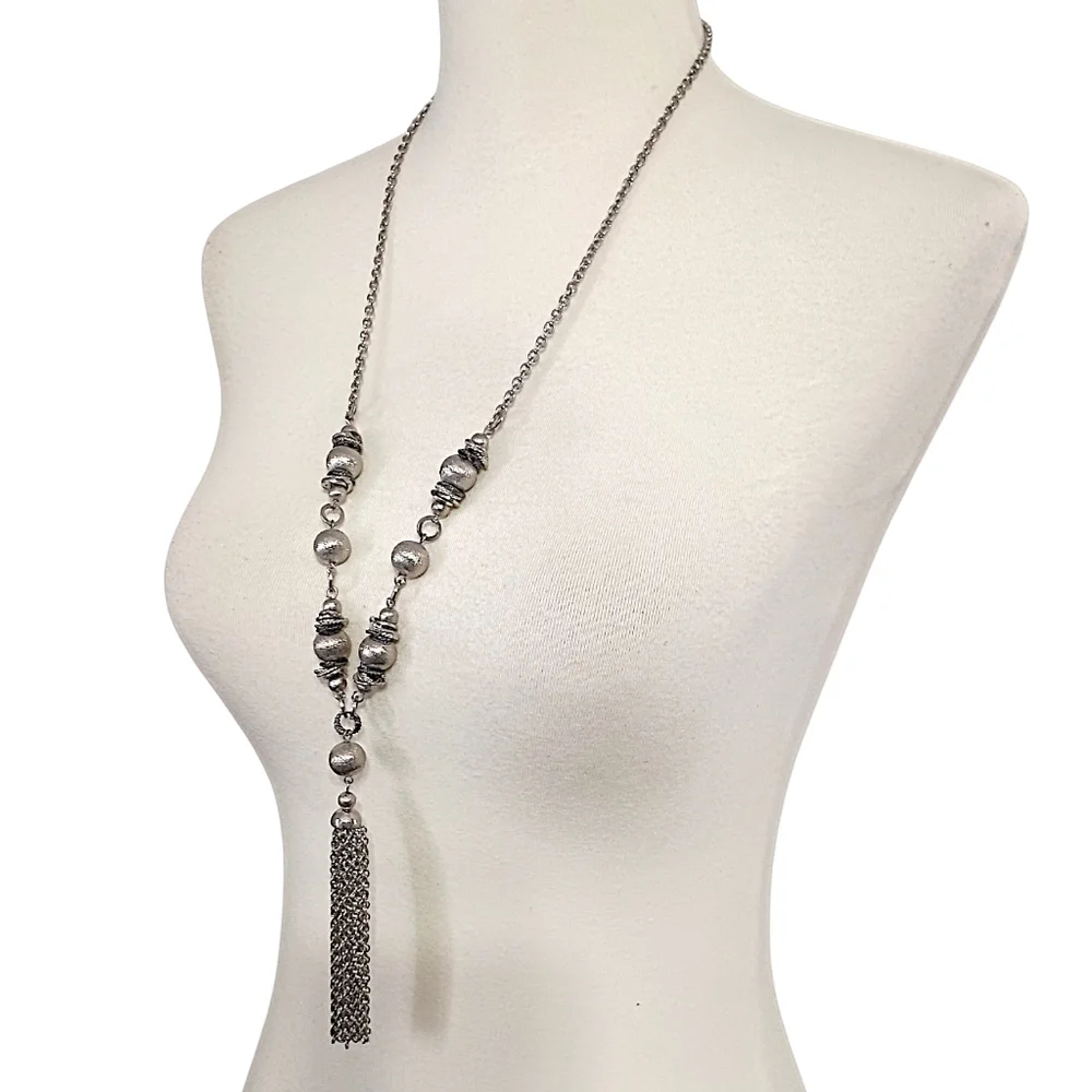 Y Drop Beaded Tassel Chain Necklace Bohemian‎ Western Witchy Silver Tone Gypsy